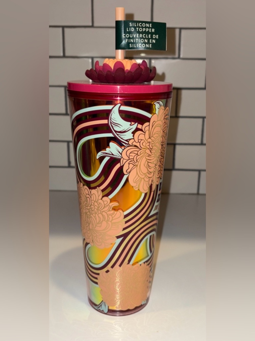 New Starbucks Holiday 2024 Flower Straw Charm 24 Oz Cold Cup Tumbler